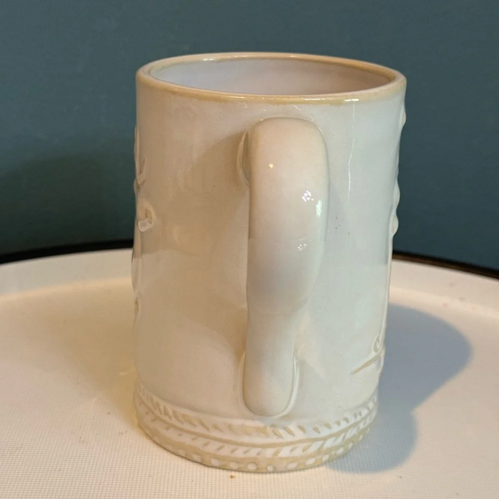 Williams Sonoma Winter Santa and Reindeer Sleigh Embossed Ivory Mug Christmas